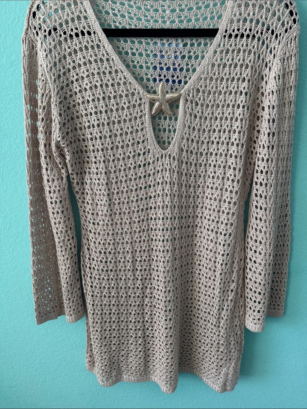 Beige Swim Cover Up Open-Knit V-Neck